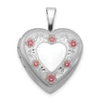 Sterling Silver Heart Locket with Pink Floral Accents and Etched Border