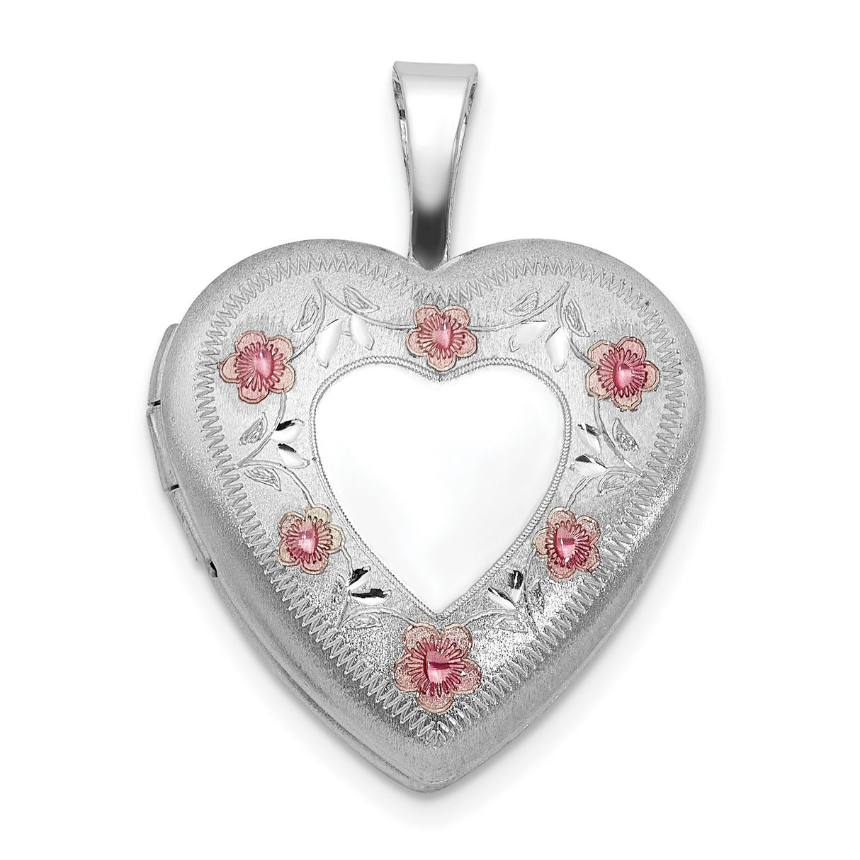 Sterling Silver Heart Locket with Pink Floral Accents and Etched Border
