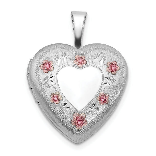 Sterling Silver Heart Locket with Pink Floral Accents and Etched Border
