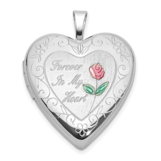 Epoxy 20mm Forever In My Heart Rose Locket Charm Pendant in Real 925 Sterling Silver