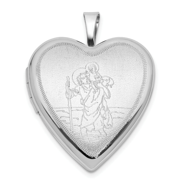 Polished Satin Saint Christopher 20mm Heart Locket Charm Pendant in Real 925 Sterling Silver