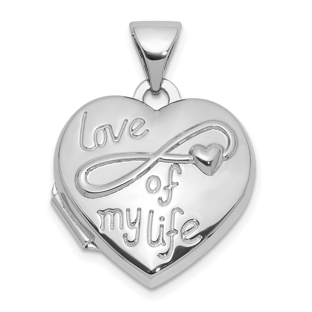 Sterling Silver Heart Locket Pendant with Infinity Symbol and Love of My Life Engraving