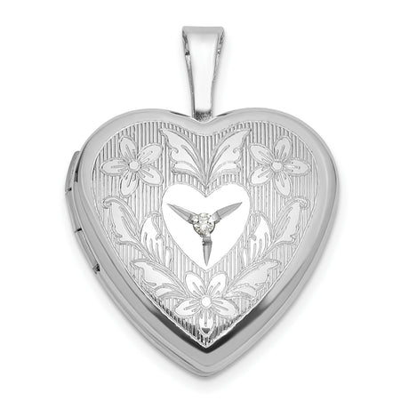 Sterling Silver Heart Locket Pendant with Diamond and Cross Design, Christian Floral Keepsake for Women