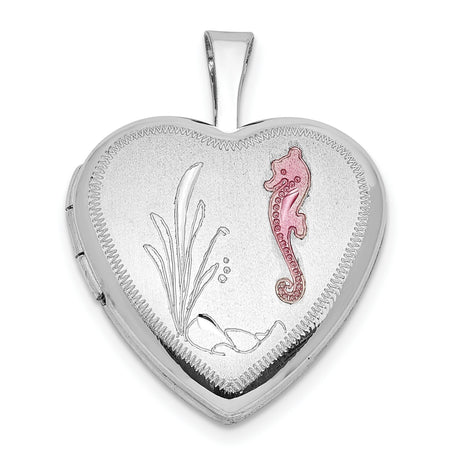 Sterling Silver Heart Locket Pendant with Pink Seahorse and Ocean Theme