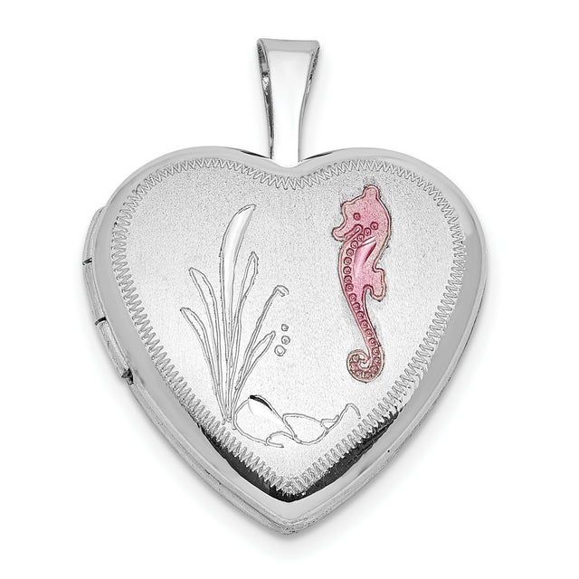 Sterling Silver Heart Locket Pendant with Pink Seahorse and Ocean Theme