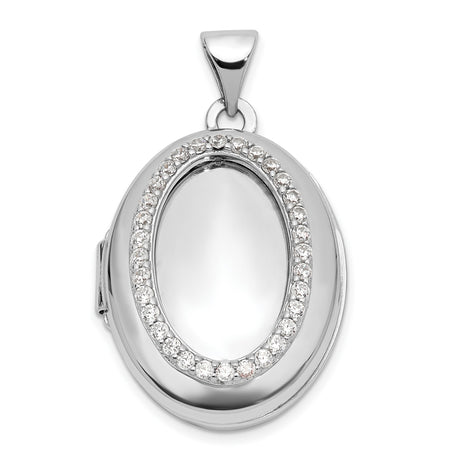 Sterling Silver Oval Locket Pendant with Cubic Zirconia Halo, Polished Keepsake Jewelry for Women