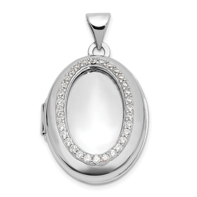 Sterling Silver Oval Locket Pendant with Cubic Zirconia Halo, Polished Keepsake Jewelry for Women