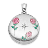 .05ct Diamond Epoxy Roses 20mm Round Locket Charm Pendant in Real 925 Sterling Silver