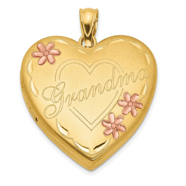 1/20 Gold Filled Grandma Word And Flowers On Heart Shaped Locket Charm Pendant in Real  Yellow Gold