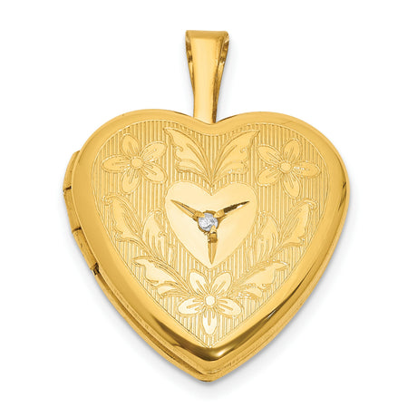 Gold Filled Polished Textured Diamond 16mm Floral Heart Locket Charm Pendant in Real  Yellow Gold