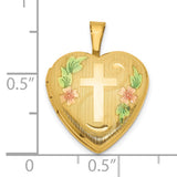 Gold Filled Polished Epoxy 16mm Floral Cross Heart Locket Charm Pendant in Real  Yellow Gold