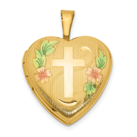 Gold Filled Polished Epoxy 16mm Floral Cross Heart Locket Charm Pendant in Real  Yellow Gold