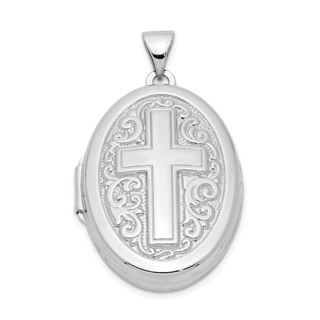 Sterling Silver Cross Locket Pendant with Oval Filigree Design, Christian Faith Jewelry