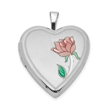 Sterling Silver Heart Locket Pendant with Pink Rose and Green Leaves, Vintage Floral Design