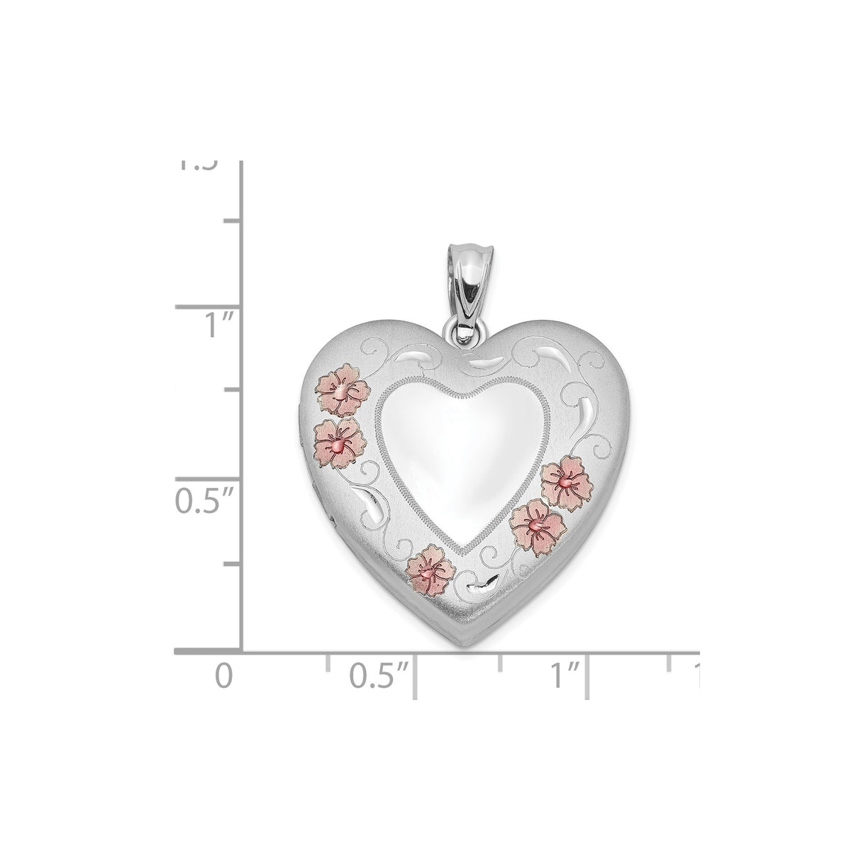 Sterling Silver Heart Locket Pendant with Rose and Pink Floral Scroll Accents