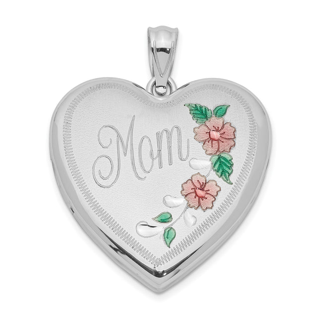 24mm Enameled Floral Mom Heart Locket Charm Pendant in Real 925 Sterling Silver