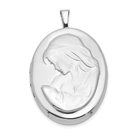 Sterling Silver Oval Locket Pendant with Virgin Mary Profile and Cross Engraving