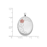 Sterling Silver Oval Floral Locket Pendant with Pink Flower and Swirl Engraving