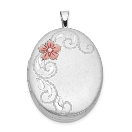 Sterling Silver Oval Floral Locket Pendant with Pink Flower and Swirl Engraving