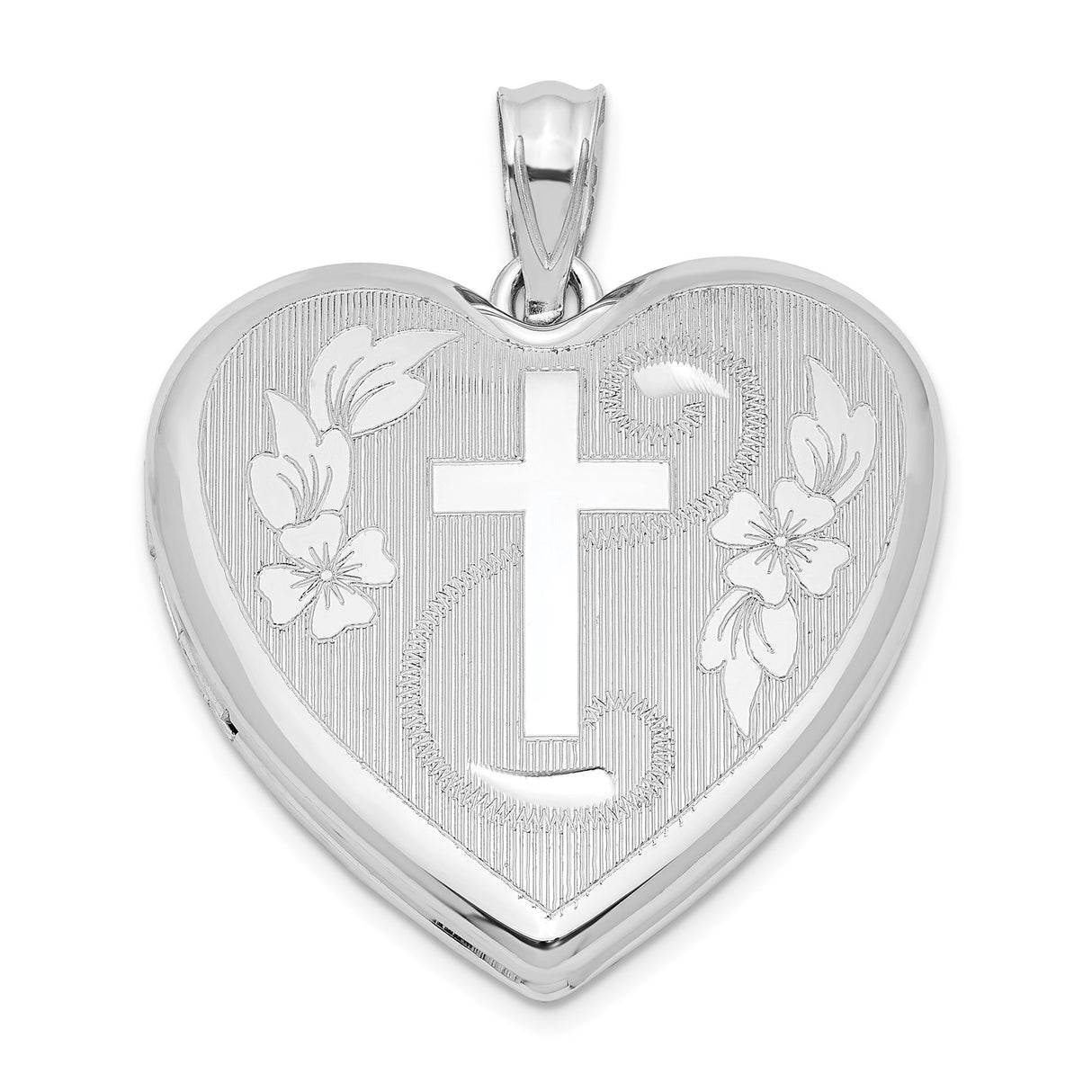 Sterling Silver Cross Heart Pendant with Vintage Floral Engraving and Mirror Finish
