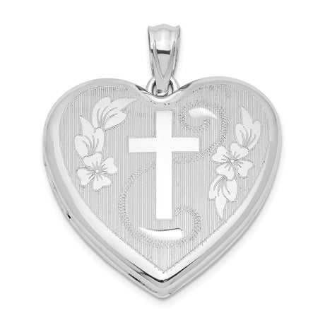 Sterling Silver Cross Heart Pendant with Vintage Floral Engraving and Mirror Finish