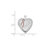 Sterling Silver Heart Locket Pendant with Pink Ribbon and Love Engraving, Breast Cancer Awareness
