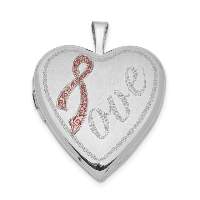 Sterling Silver Heart Locket Pendant with Pink Ribbon and Love Engraving, Breast Cancer Awareness