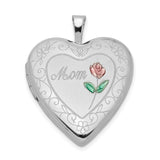 20mm D C and Enameled Mom Heart Locket Charm Pendant in Real 925 Sterling Silver