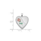 Sterling Silver Heart Locket Pendant with Rose, Pink and Green Enamel Accents, Satin Finish