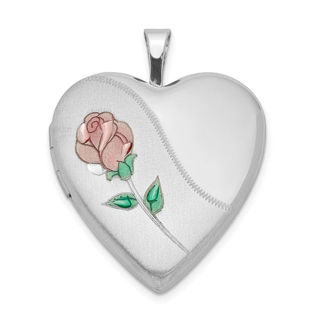 Sterling Silver Heart Locket Pendant with Rose, Pink and Green Enamel Accents, Satin Finish