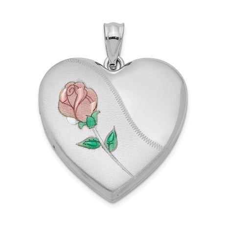 Sterling Silver Heart Locket Pendant with Pink Rose and Green Leaf Enamel Design