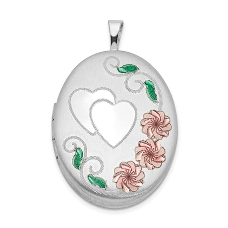 Sterling Silver Floral Heart Locket Pendant with Rose and Green Accents for Women