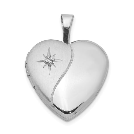 Sterling Silver Heart Photo Locket Pendant with Diamond and Starburst Engraving