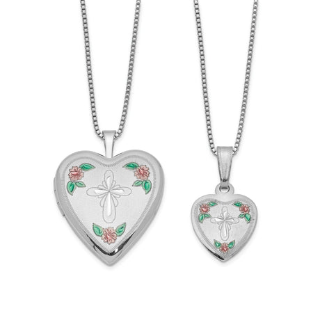 Cross and Flowers Enamel Heart Locket and Pendant Charm Pendant in Real 925 Sterling Silver
