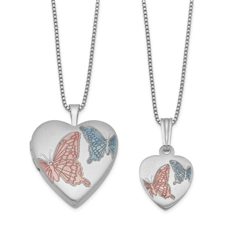 Satin Enamel Butterflies Heart Locket and Pend Charm Pendant in Real 925 Sterling Silver