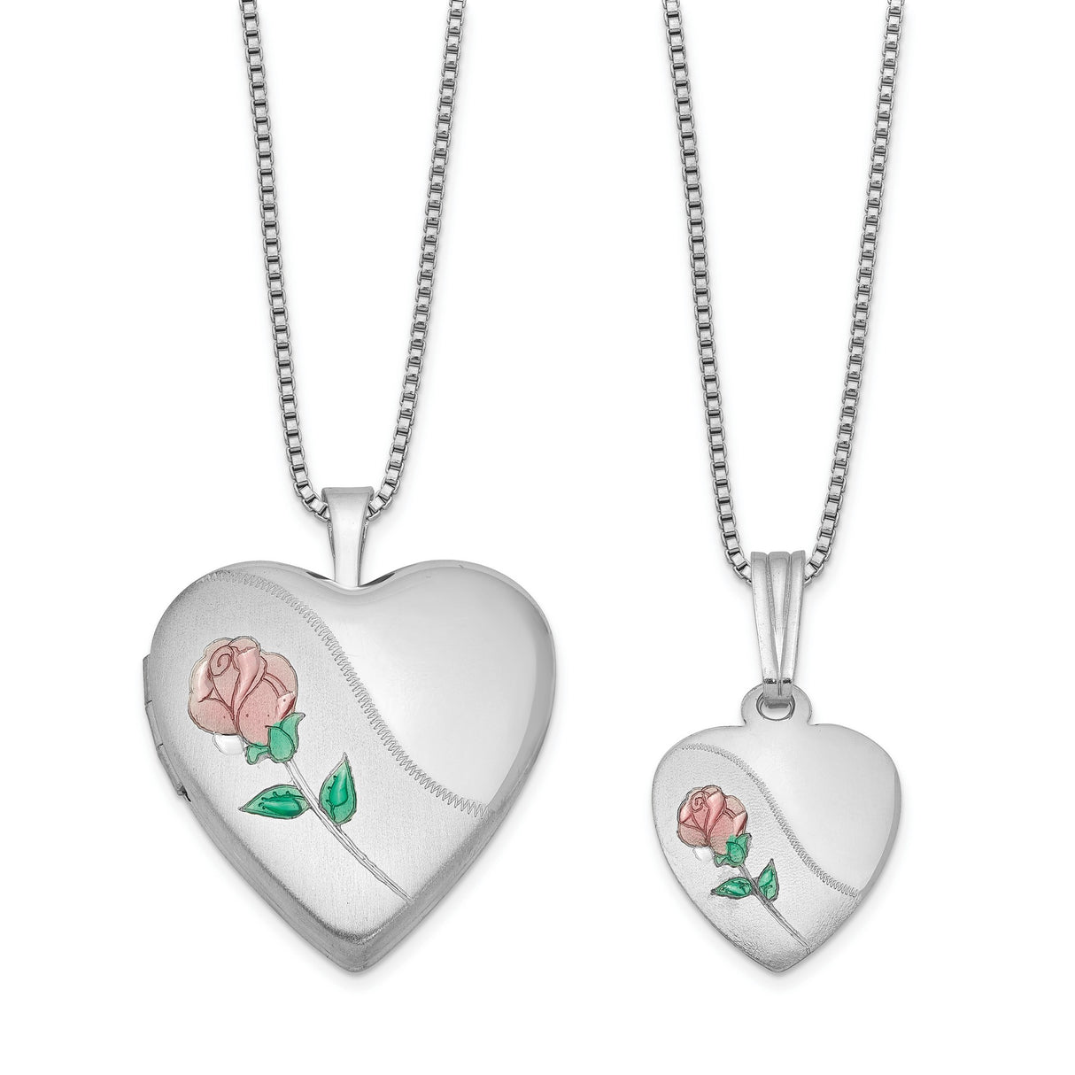 Polished and Satin Rose Heart Locket and Penda Charm Pendant in Real 925 Sterling Silver