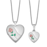 Polished and Satin Rose Heart Locket and Penda Charm Pendant in Real 925 Sterling Silver