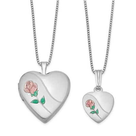 Polished and Satin Rose Heart Locket and Penda Charm Pendant in Real 925 Sterling Silver