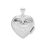Sterling Silver Heart Locket Pendant with Scrollwork and Floral Engravings for Women
