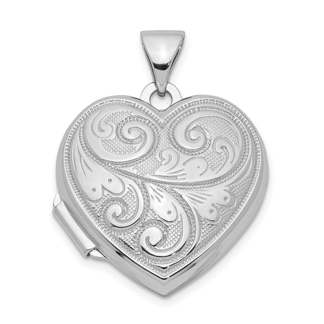 Sterling Silver Heart Locket Pendant with Scrollwork and Floral Engravings for Women