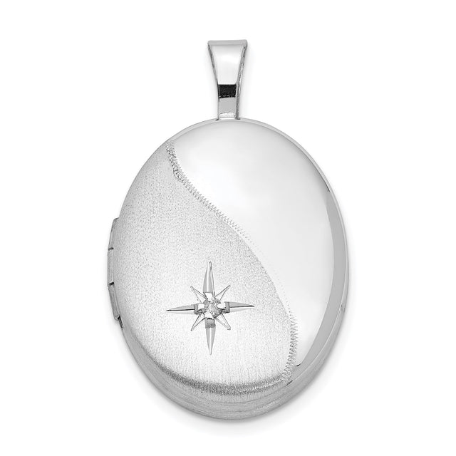 Sterling Silver Oval Locket Pendant with Diamond Accent, North Star Engraving, Brushed Finish