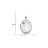 Sterling Silver Oval Locket Pendant with Scroll Design and Pink Flower Accent