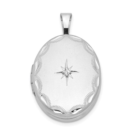 Sterling Silver Oval Locket Pendant with Diamond Accent, Compass Starburst Design, Vintage Border