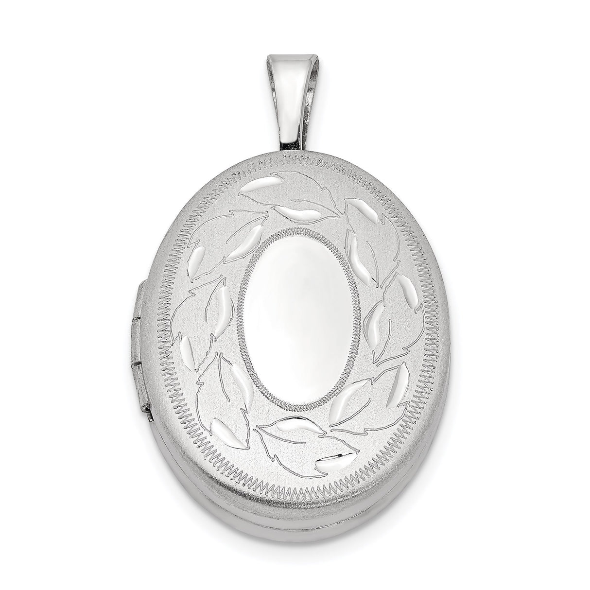 Sterling Silver Oval Locket Pendant with Etched Leaf Wreath Design for Women