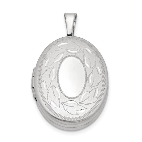 Sterling Silver Oval Locket Pendant with Etched Leaf Wreath Design for Women