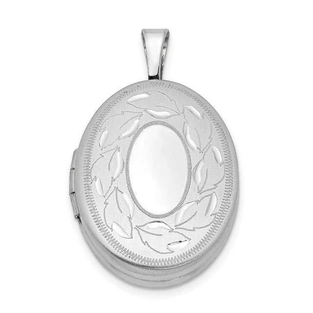 Sterling Silver Oval Locket Pendant with Etched Leaf Wreath Design for Women