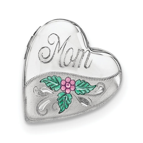 Mom W Enamel Flower 20mm Falling Heart Locket Charm Pendant in Real 925 Sterling Silver