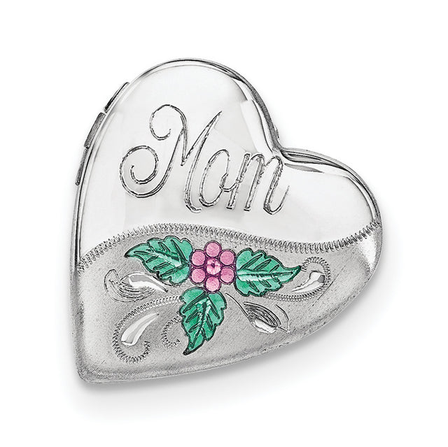 Mom W Enamel Flower 20mm Falling Heart Locket Charm Pendant in Real 925 Sterling Silver