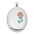 Sterling Silver Oval Locket Pendant with Enamel Rose Design, Floral Remembrance Jewelry for Women