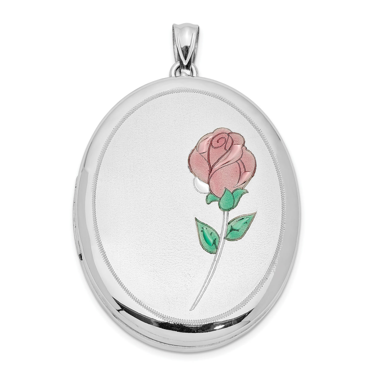 Sterling Silver Oval Locket Pendant with Enamel Rose Design, Floral Remembrance Jewelry for Women